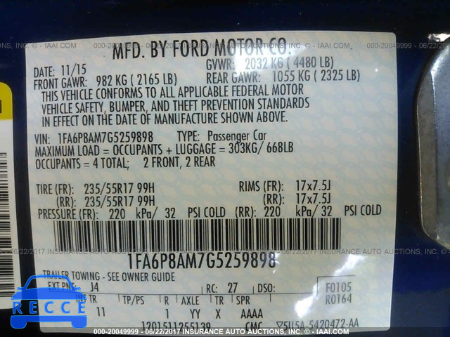 2016 Ford Mustang 1FA6P8AM7G5259898 зображення 8