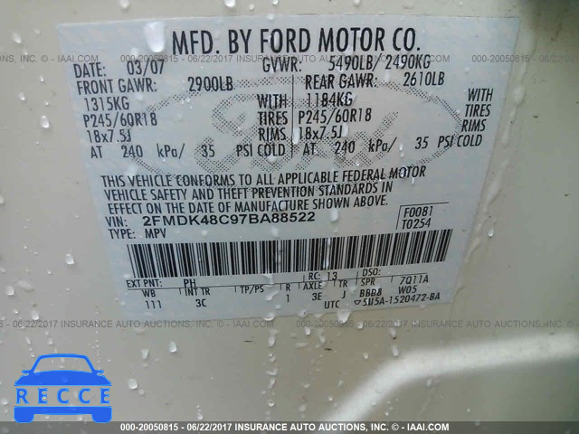 2007 Ford Edge SEL 2FMDK48C97BA88522 зображення 8