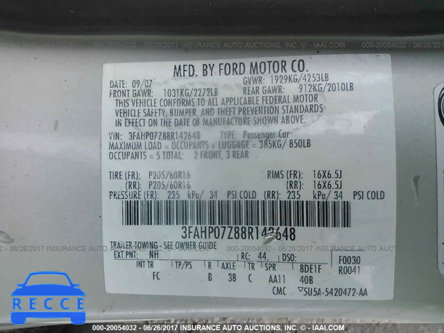 2008 Ford Fusion 3FAHP07Z88R142648 зображення 8