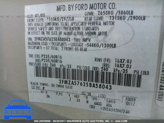 2005 Ford Freestar SES 2FMZA57625BA58043 image 8