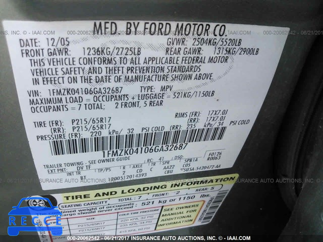 2006 Ford Freestyle 1FMZK04106GA32687 зображення 8