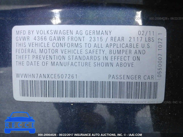 2012 Volkswagen CC WVWHN7ANXCE507261 image 8