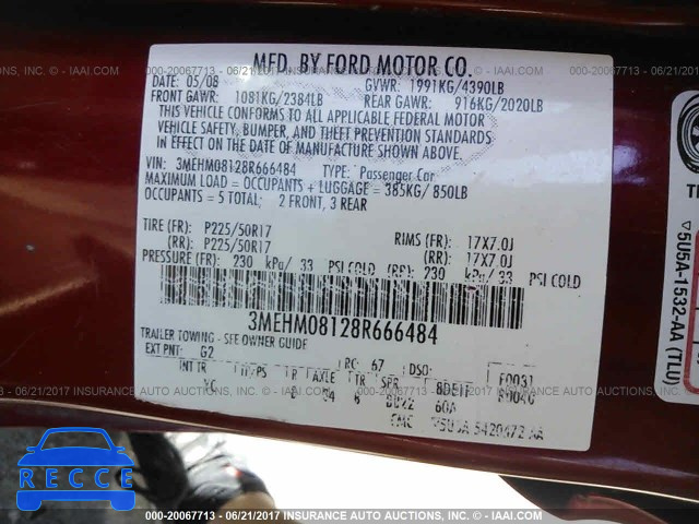 2008 MERCURY MILAN 3MEHM08128R666484 зображення 8