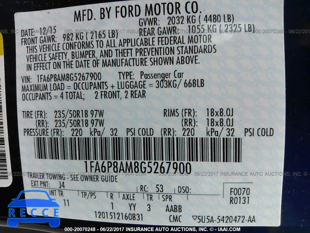 2016 Ford Mustang 1FA6P8AM8G5267900 зображення 8