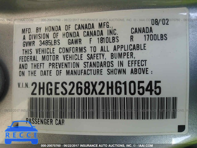2002 Honda Civic 2HGES268X2H610545 image 8
