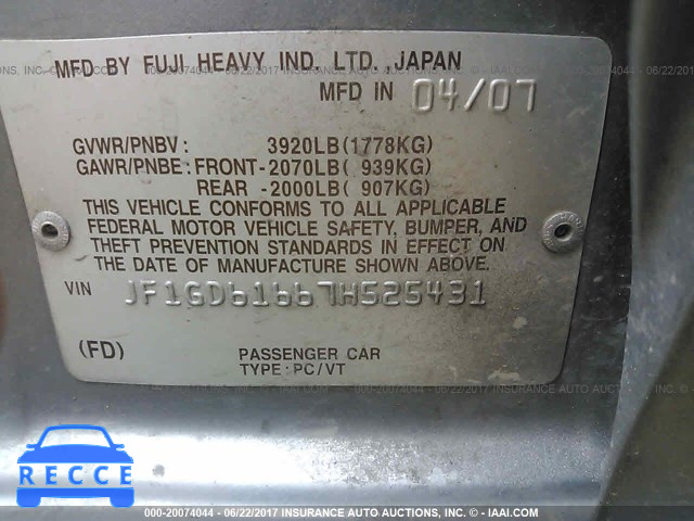 2007 Subaru Impreza 2.5I JF1GD61667H525431 image 8