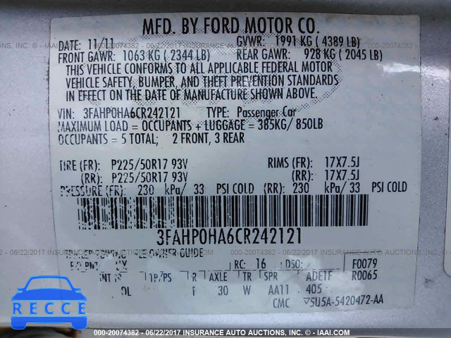2012 Ford Fusion 3FAHP0HA6CR242121 image 8