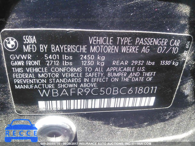 2011 BMW 550 I WBAFR9C50BC618011 зображення 8