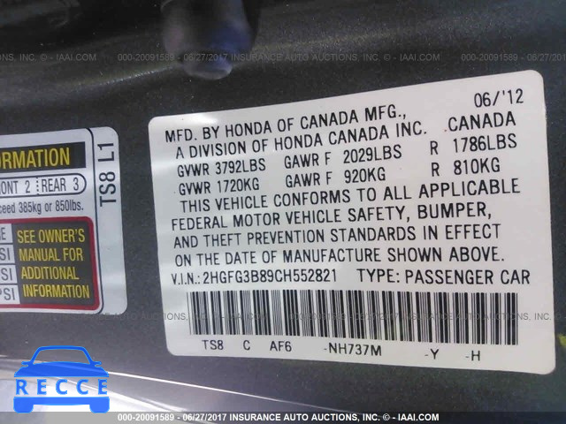 2012 Honda Civic 2HGFG3B89CH552821 зображення 8