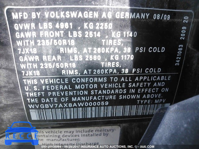 2010 Volkswagen Tiguan WVGBV7AX8AW000059 зображення 8