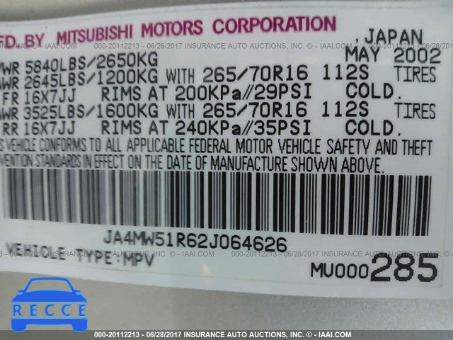 2002 Mitsubishi Montero JA4MW51R62J064626 зображення 8