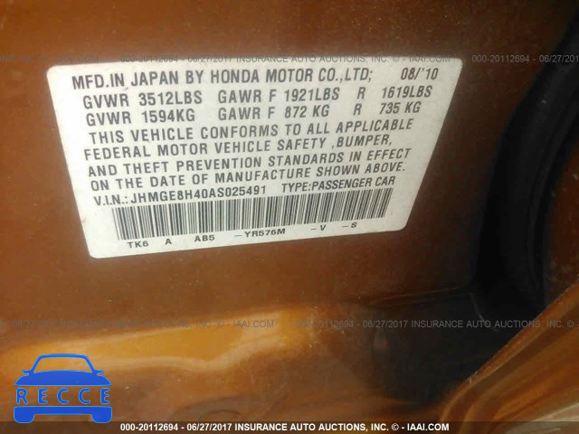 2010 Honda FIT SPORT JHMGE8H40AS025491 Bild 8