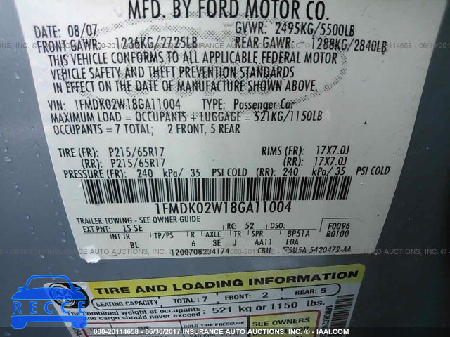 2008 Ford Taurus X 1FMDK02W18GA11004 зображення 8