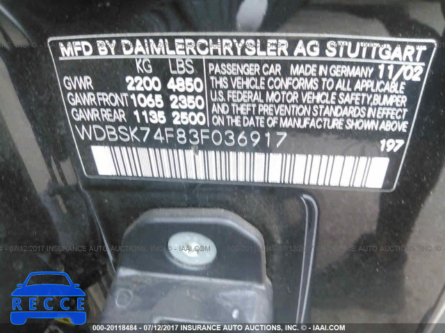 2003 Mercedes-benz SL WDBSK74F83F036917 image 8