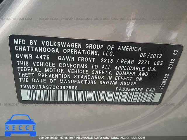 2012 VOLKSWAGEN PASSAT 1VWBH7A37CC097698 зображення 8