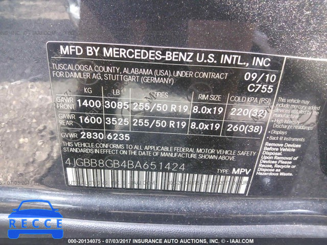 2011 MERCEDES-BENZ ML 4JGBB8GB4BA651424 image 8