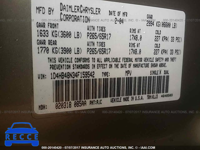 2004 Dodge Durango SLT 1D4HB48N34F159542 Bild 8