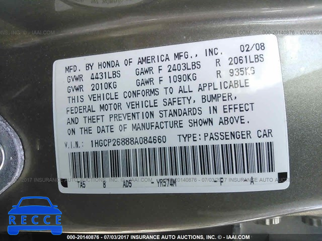 2008 Honda Accord 1HGCP26888A084660 image 8