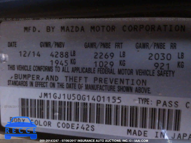 2016 Mazda 6 JM1GJ1U50G1401155 зображення 8