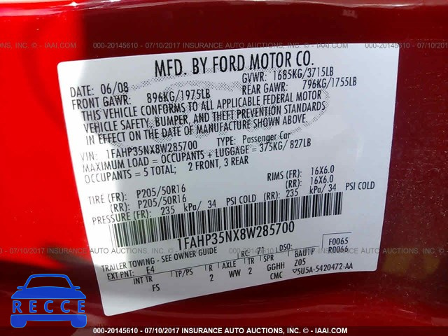 2008 Ford Focus 1FAHP35NX8W285700 зображення 8