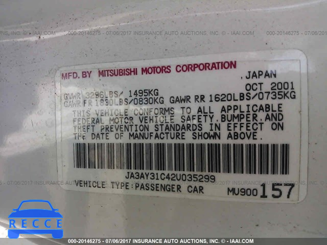 2002 Mitsubishi Mirage LS JA3AY31C42U035299 image 8