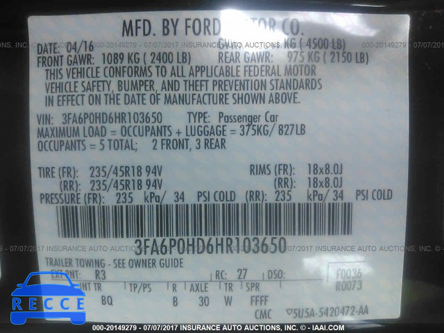 2017 FORD FUSION 3FA6P0HD6HR103650 Bild 8