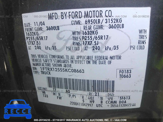 2005 Ford F150 1FTRX12555KC08663 зображення 8