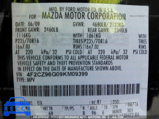 2009 Mazda Tribute 4F2CZ96G09KM09399 image 8