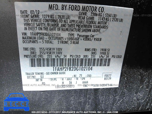 2013 Ford Taurus 1FAHP2F82DG102104 зображення 8
