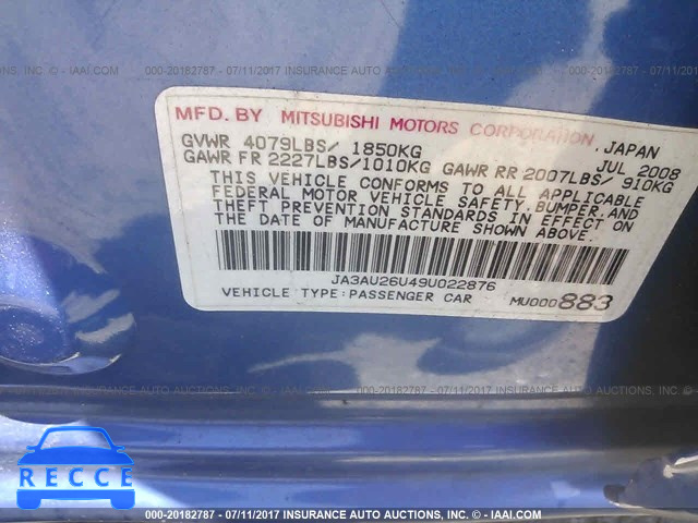 2009 Mitsubishi Lancer JA3AU26U49U022876 image 8