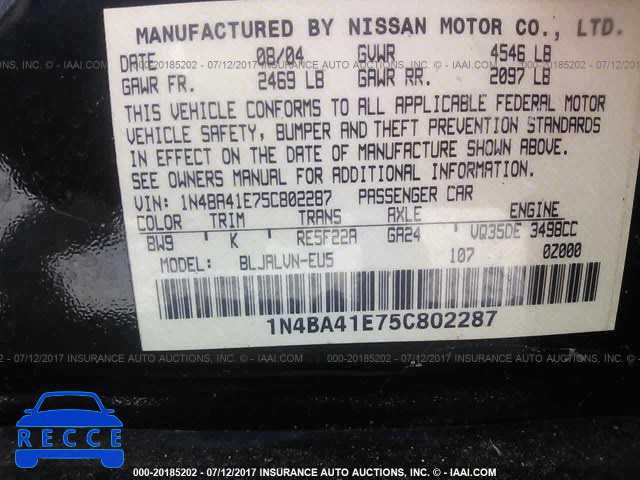 2005 Nissan Maxima 1N4BA41E75C802287 Bild 8