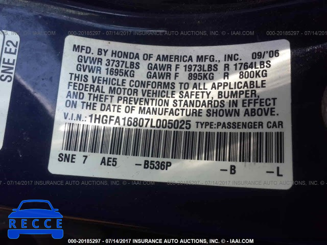 2007 Honda Civic 1HGFA16807L005025 image 8