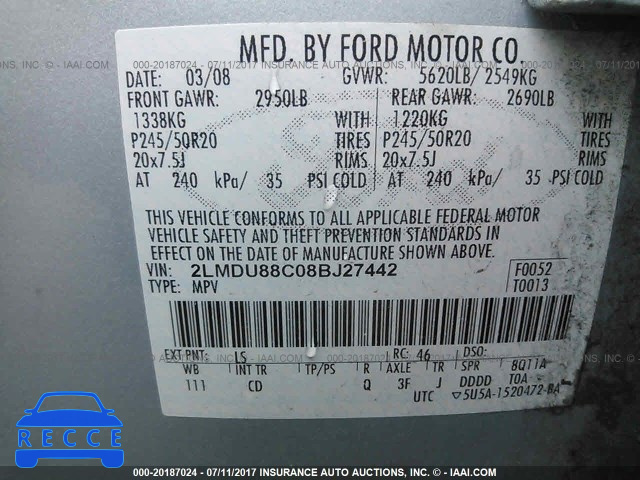 2008 Lincoln MKX 2LMDU88C08BJ27442 image 8