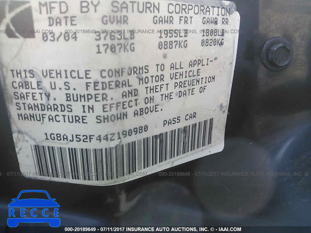 2004 SATURN ION 1G8AJ52F44Z190980 зображення 8