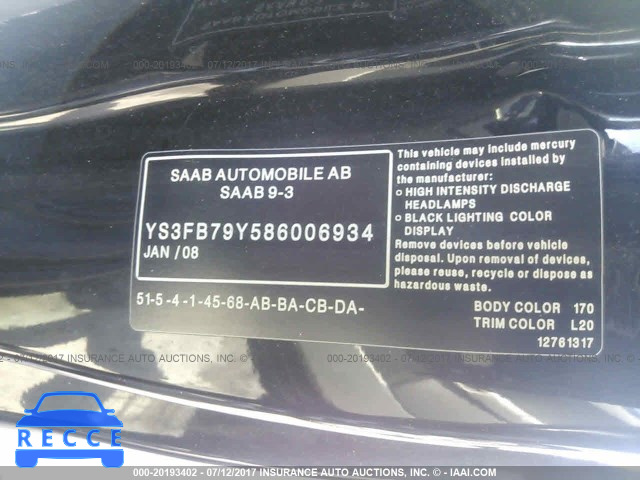 2008 Saab 9-3 YS3FB79Y586006934 зображення 8