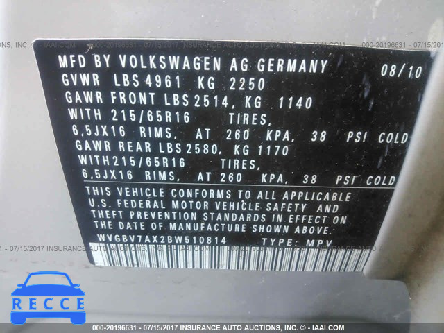 2011 Volkswagen Tiguan S/SE/SEL WVGBV7AX2BW510814 image 8