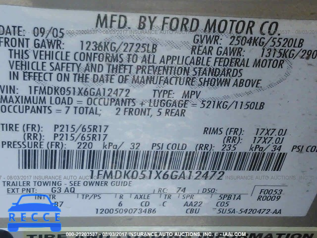 2006 Ford Freestyle SEL 1FMDK051X6GA12472 зображення 8