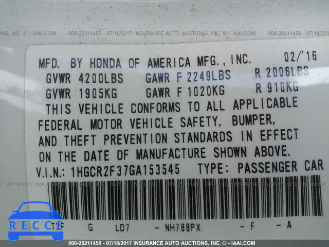 2016 Honda Accord 1HGCR2F37GA153545 image 8