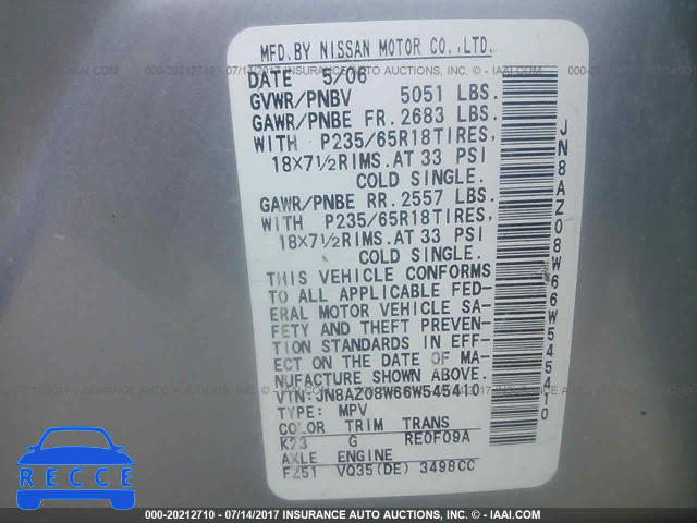 2006 Nissan Murano SL/SE/S JN8AZ08W66W545410 image 8