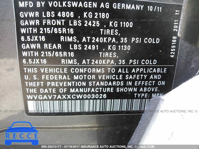 2012 Volkswagen Tiguan S/SE/SEL WVGAV7AXXCW003026 зображення 8