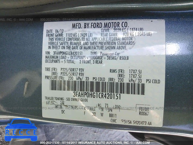 2012 Ford Fusion 3FAHP0HG1CR420151 зображення 8
