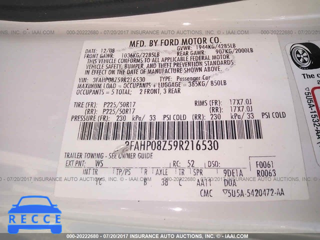 2009 Ford Fusion 3FAHP08Z59R216530 image 8