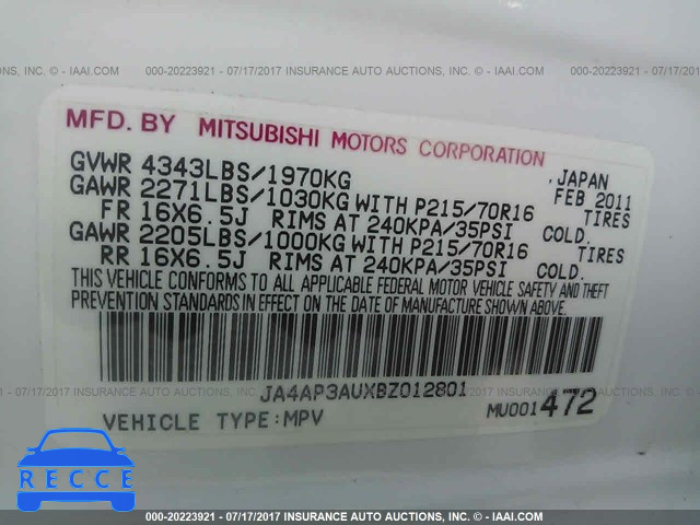 2011 Mitsubishi Outlander Sport JA4AP3AUXBZ012801 image 8