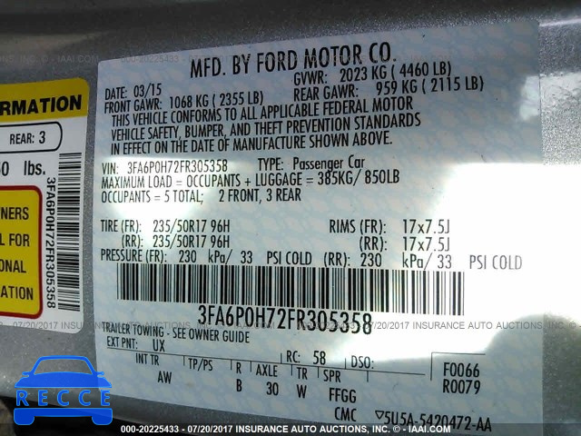 2015 Ford Fusion 3FA6P0H72FR305358 зображення 8