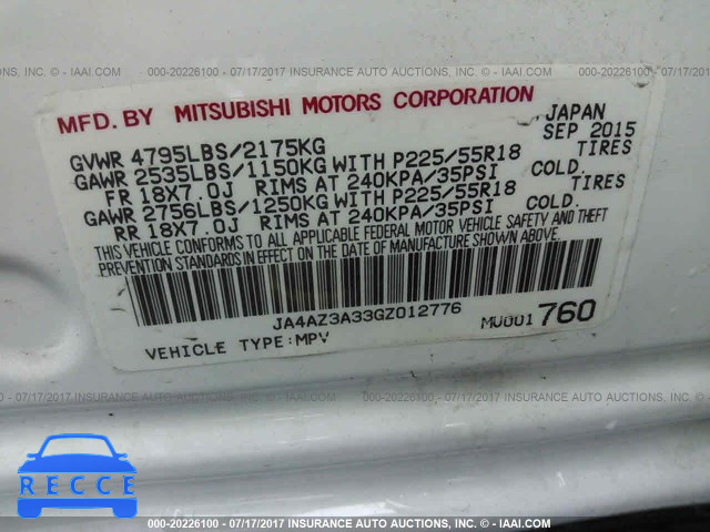 2016 Mitsubishi Outlander JA4AZ3A33GZ012776 зображення 8