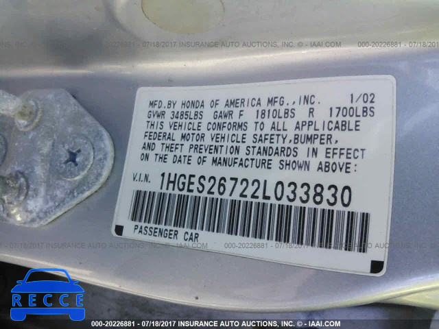 2002 Honda Civic 1HGES26722L033830 зображення 8