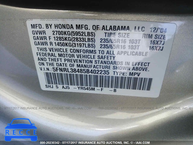 2005 Honda Odyssey 5FNRL38485B402235 зображення 8