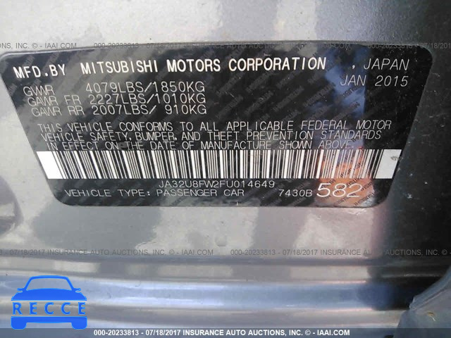 2015 Mitsubishi Lancer GT JA32U8FW2FU014649 зображення 8