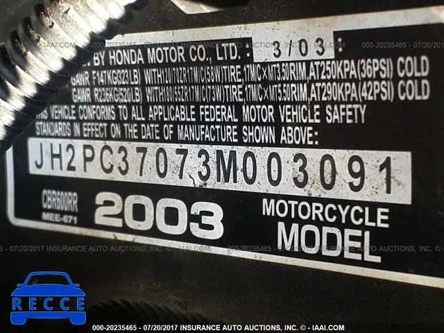 2003 Honda CBR600 JH2PC37073M003091 image 9