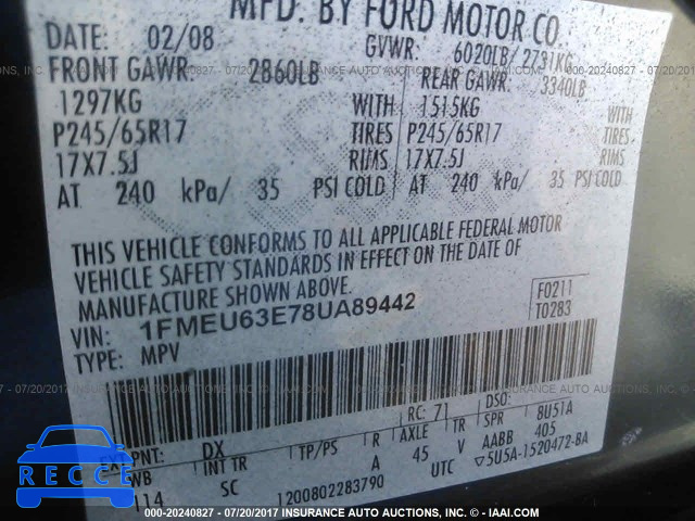 2008 Ford Explorer XLT 1FMEU63E78UA89442 Bild 8